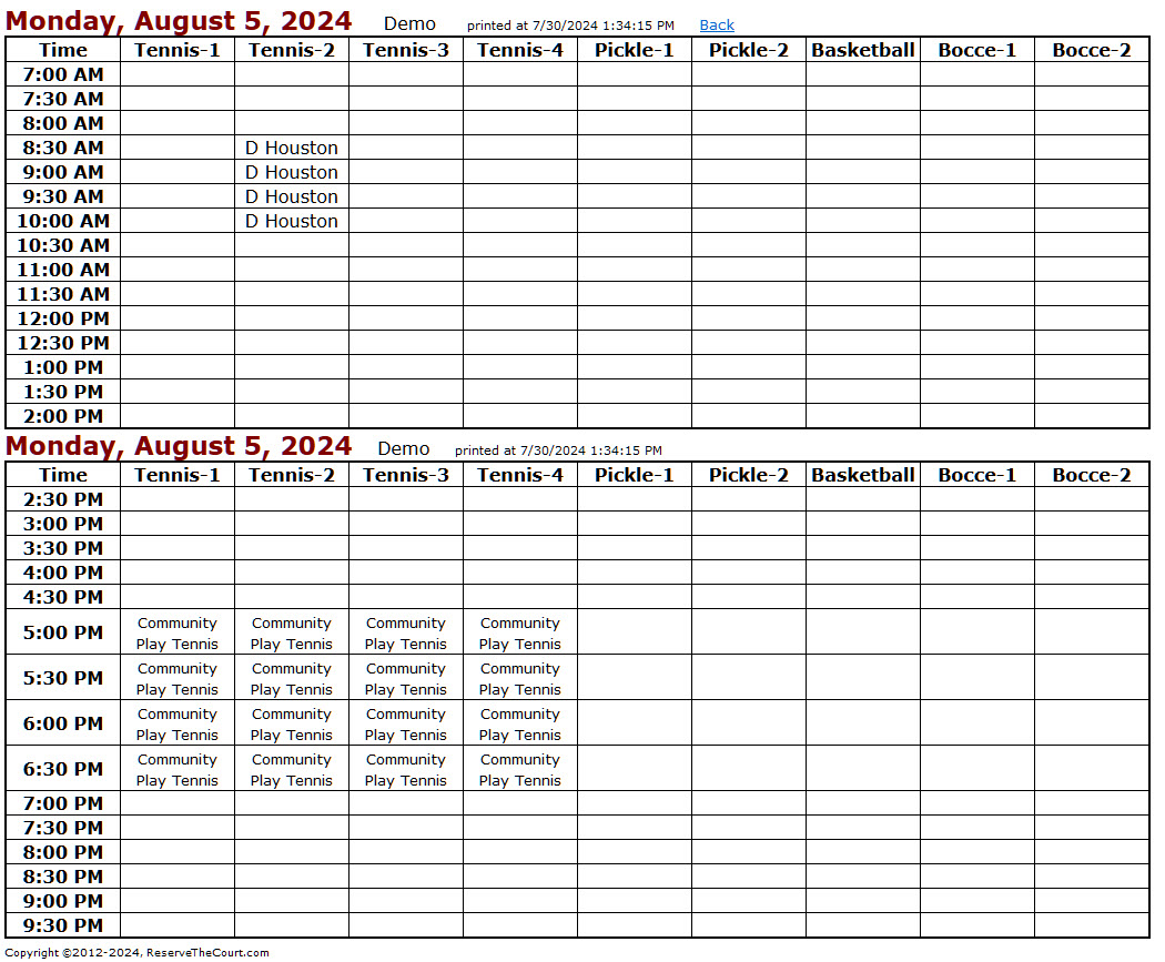 Printed Reservation Schedule